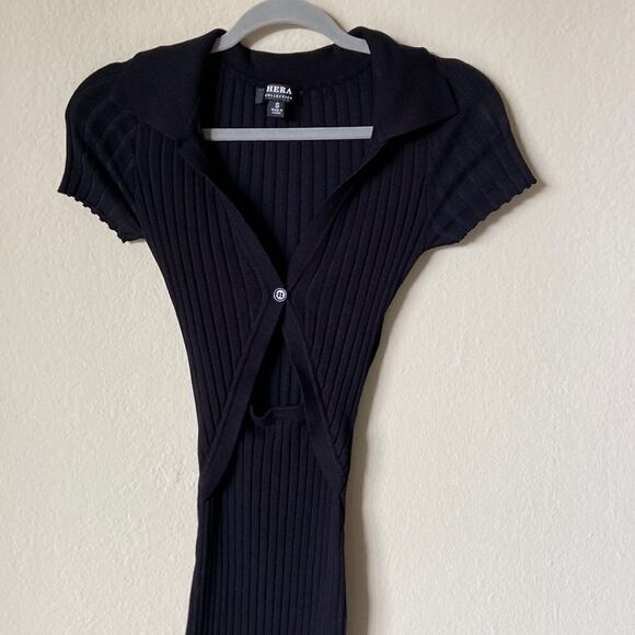 Hera Collection Ribbed Midi Black Sweater Dress Bodycon Short Sleeve Size S - Picture 4 of 7